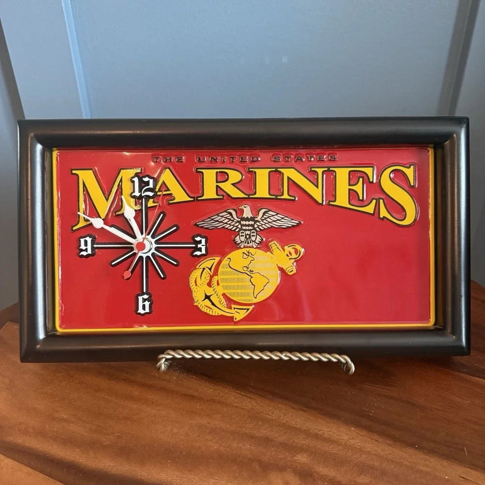 US Marine Corps License Plate Clock Wall Decor Military Man Cave 13x7 USA